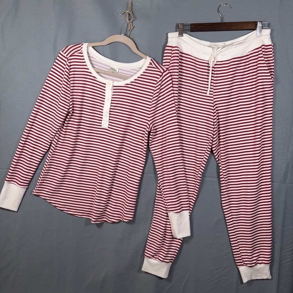 Soma Pajama Set Womens Sz M Red Striped Pockets Stretch SUPER SOFT